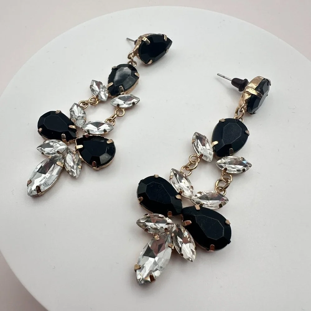 Vintage 90s Gold Tone Dangle Earrings Black &Clear Glass Women's Fashion Jewelry